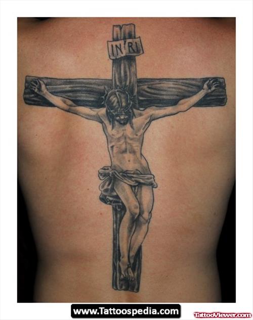 Cross And Jesus Tattoo On Back Body