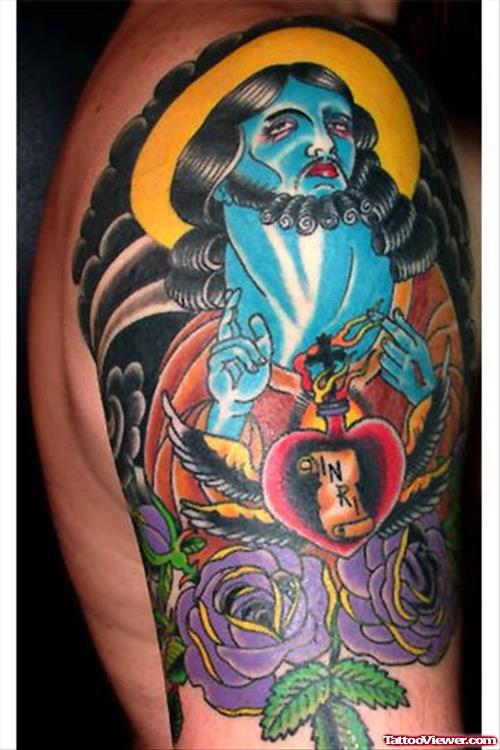 Beautiful Colored Jesus Christ Tattoo On Half Sleeve