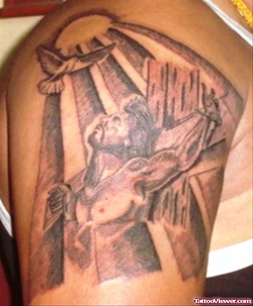 Amazing Grey Ink Jesus Tattoo On Shoulder