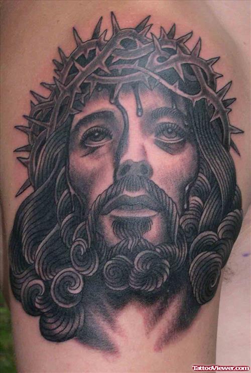Amazing Grey Ink Jesus Tattoo On Right Shoulder