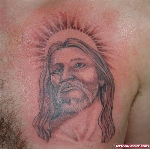 Amazing Grey Ink Jesus Head Tattoo on Man Chest