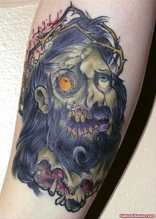 Zombie Jesus Christ Head Tattoo On Sleeve