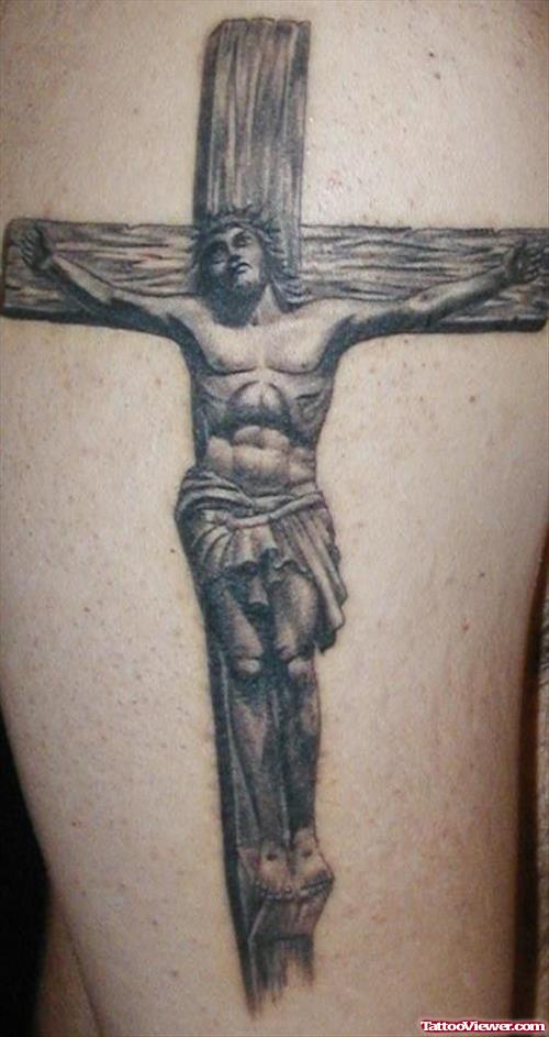 Awesome Grey Ink Cross And Jesus Tattoo