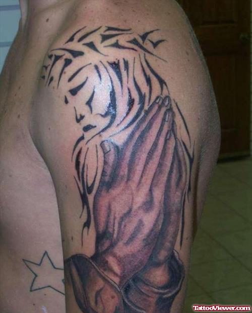 Tirbal And Praying Hands Jesus Tattoo On Half Sleeve