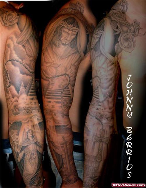 Man Full Sleeve Jesus Tattoos