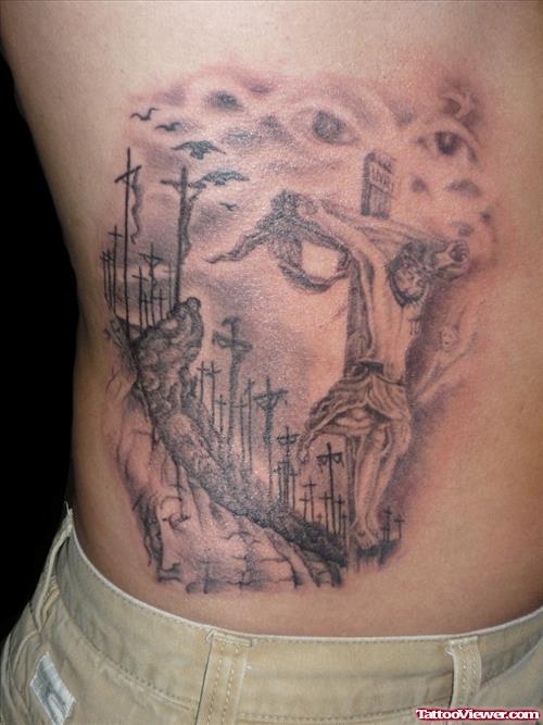 Grey Ink Side Rib Jesus Tattoo