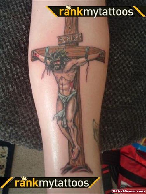 Cross And Jesus Tattoo On Left Forearm