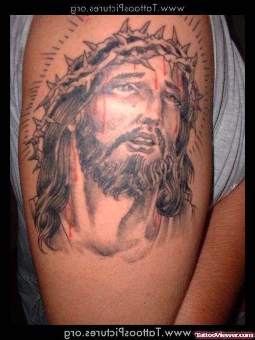 Best Grey Ink Jesus Tattoo On Right Shoulder