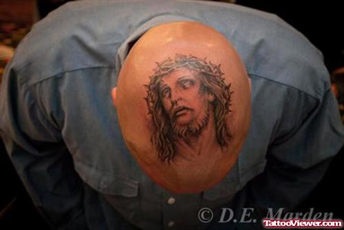 Grey Ink Jesus Face Tattoo On Man Head