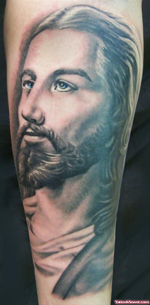 Grey And Black Ink Jesus Tattoo On Sleeve