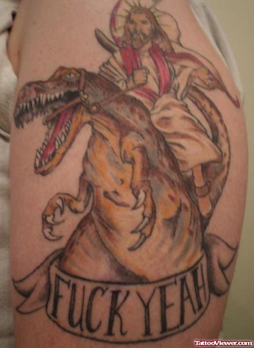 Dinosaur And Jesus Christ Tattoo On Half Sleeve