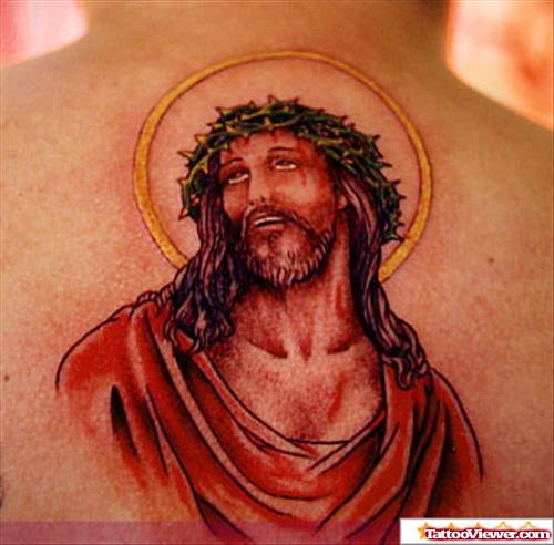 Colored Jesus Head Tattoo On Back