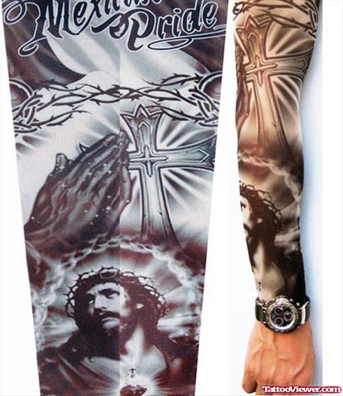 Attractive Large Cross And Jesus Tattoo On Sleeve
