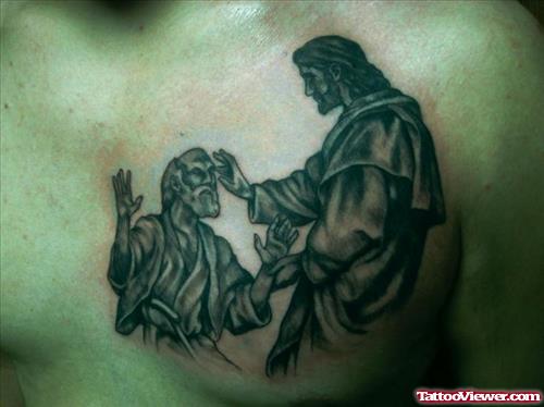 Attractive Grey Ink Jesus Tattoo On Man Chest