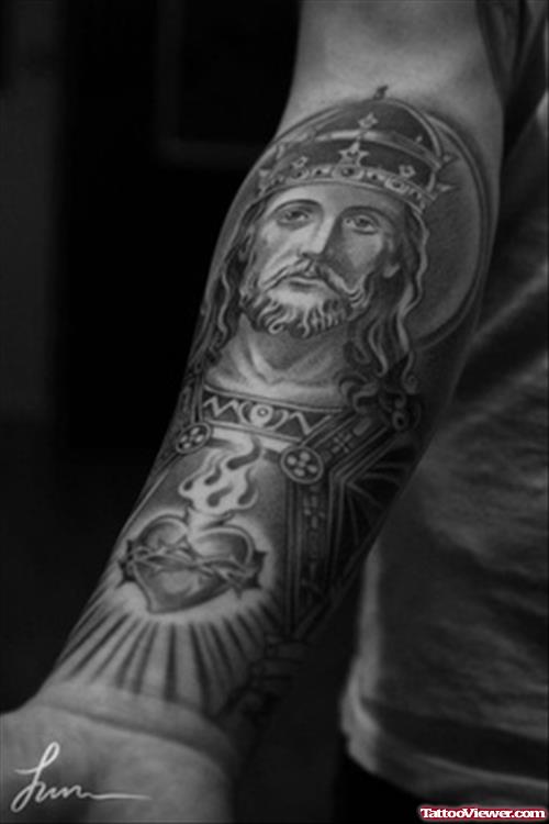 Sacred Heart And Jesus Christ Tattoo On Left Arm