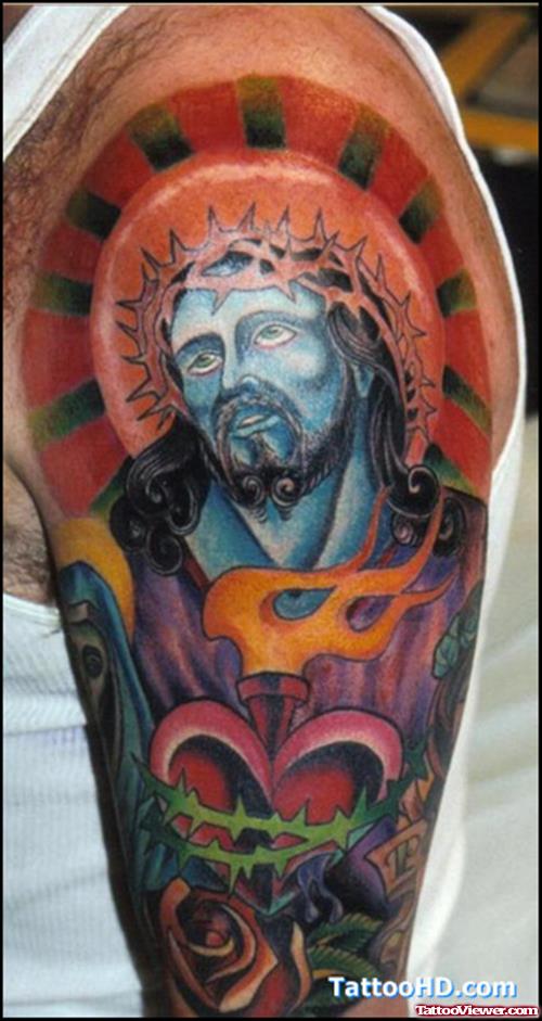 Awesomr Colored Jesus Tattoo On Left Half Sleeve