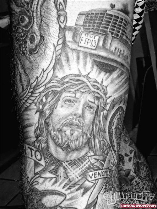 Grey Ink Jesus Tattoo On Right Sleeve