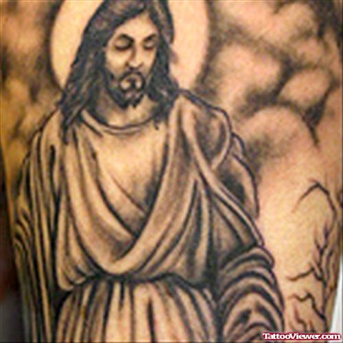 Grey Ink Moon and Jesus Tattoo