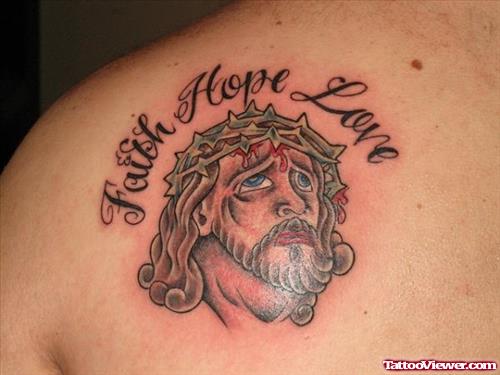 Jesus Tattoo On Left Back Shoulder