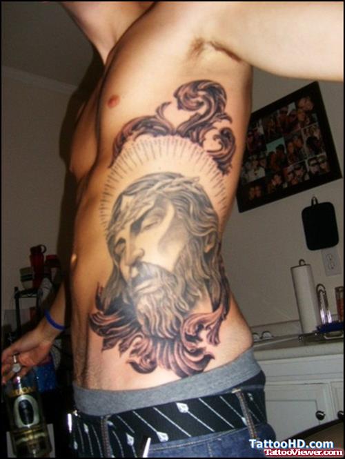Jesus Christ Tattoo On Man Left Side Rib
