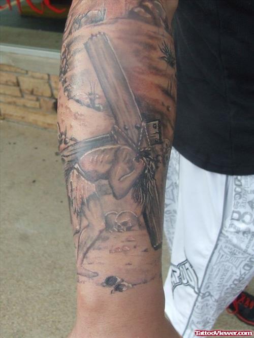 Grey Ink Jesus With Cross Tattoo On Sleeve