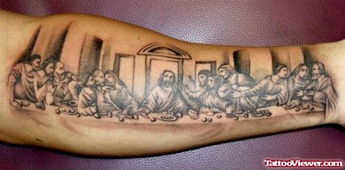 Grey Ink Jesus Tattoo On Left Forearm