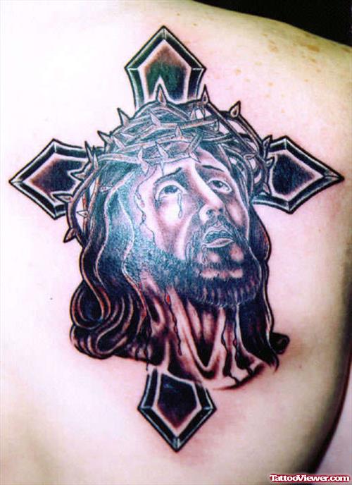 Dark Ink Cross And Jesus Christ Tattoo On Right Back Shoulder