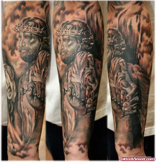 Dark Ink Arm Jesus Tattoo