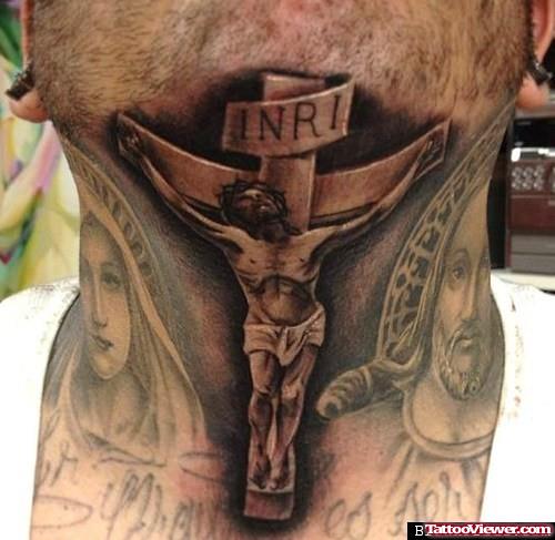 Cross And Jesus Tattoo On Man Neck