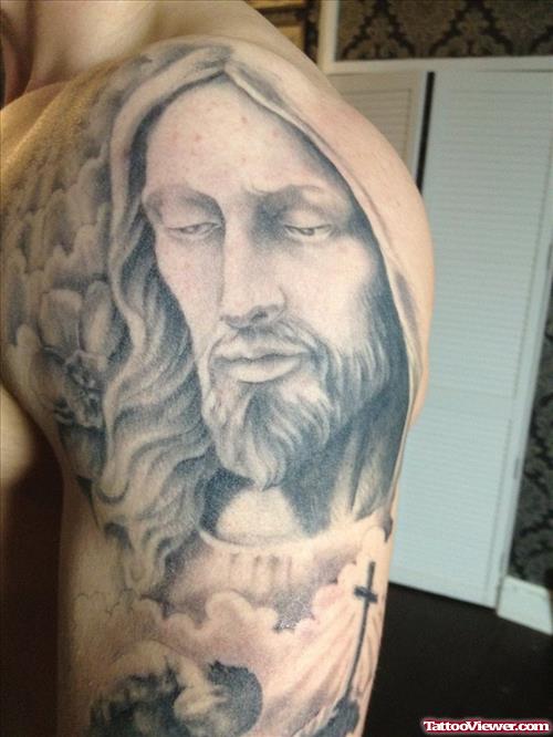 Classic Grey Ink Jesus Tattoo On Left Shoulder