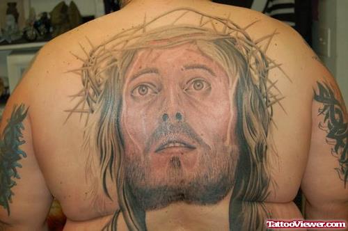 Religious Grey Ink Jesus Head Tattoo On Back