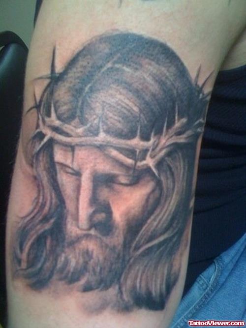 Grey Ink Jesus Tattoo On Right Half Sleeve