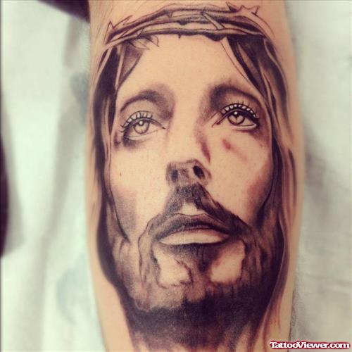 Grey Ink Jesus Tattoo On Arm