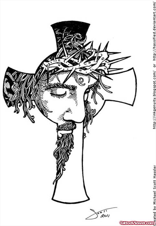 Cross And Jesus Face Tattoo Design