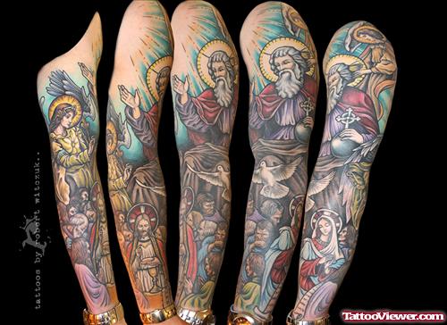 Colored Jesus Christ Tattoos On Sleeve