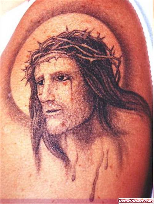 Best Grey Ink Jesus Tattoo On Left Shoulder