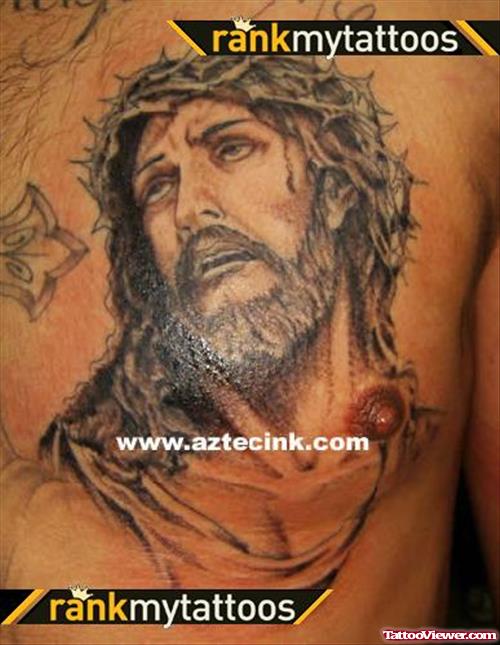 Beautiful Jesus Tattoo On Man Left Chest