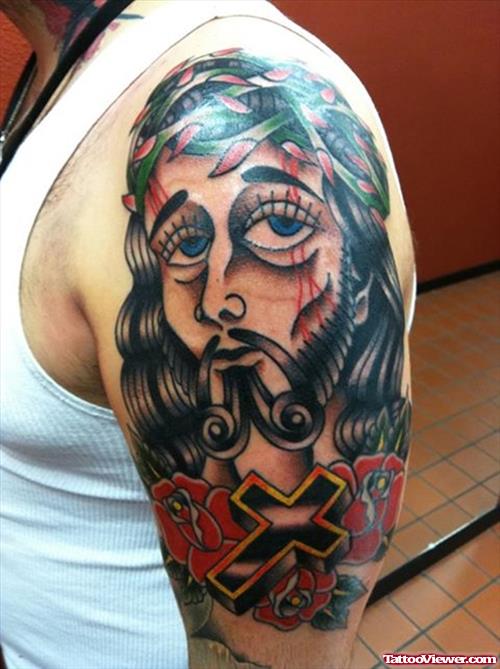 Red Flowers And Jesus Christ Head Tattoo On Half Sleeve