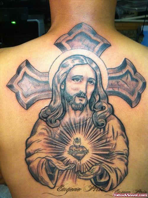 Large Cross And Jesus Tattoo On Back