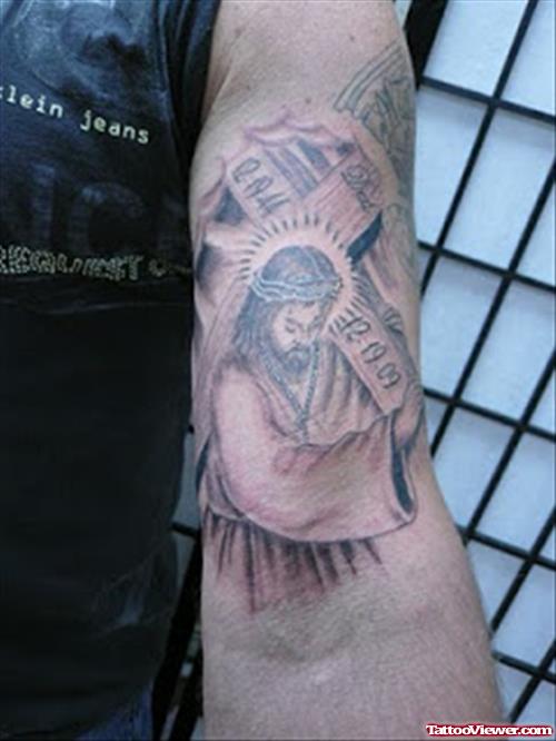 Jesus Tattoo On Man Left Inner Bicep
