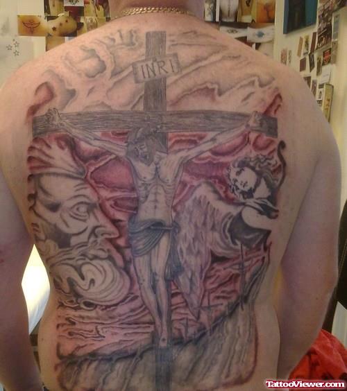 Jesus Christ Hanged On Cross Tattoo On Back Body