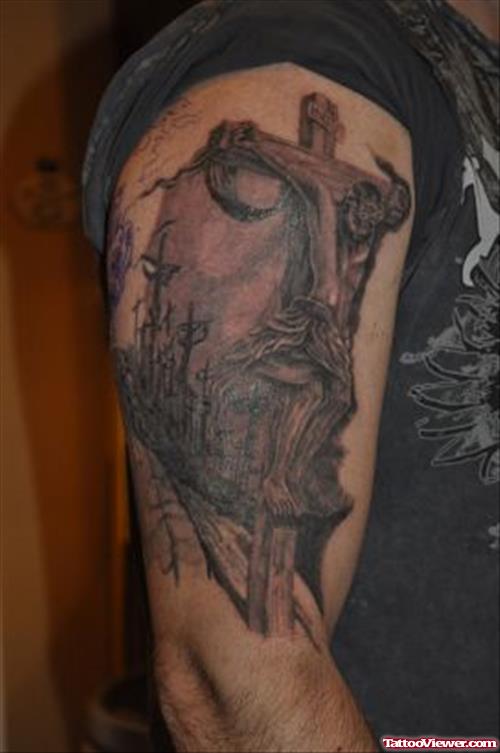 Jesus Tattoo On Man Right Sleeve