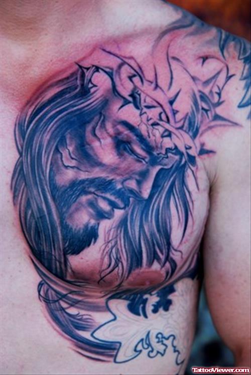 Jesus Barbed Tattoo On Man Chest