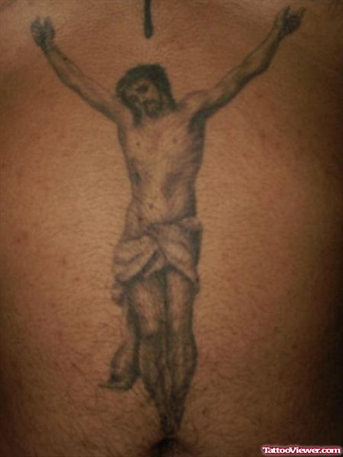 Grey Ink Jesus Christ Hanged Tattoo