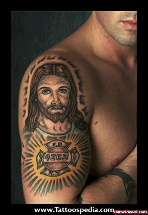 Color Ink Jesus Tattoo On Man Right Half Sleeve