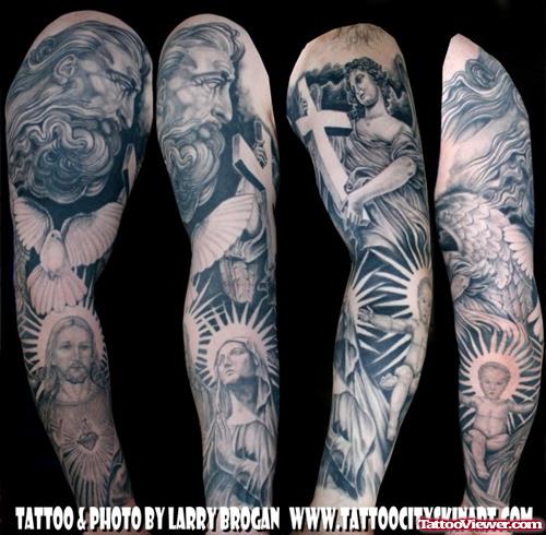 Grey Ink Jesus Tattoos On Full Sleeve