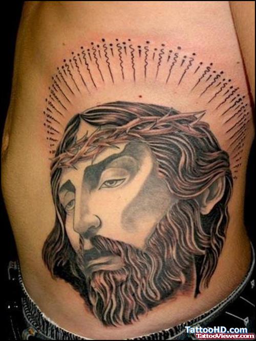 Awful Grey Ink Jesus Tattoo On Man Side Rib