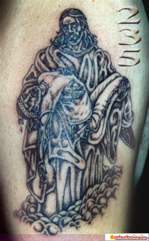 Awesome Dark Ink Jesus Christ Tattoo On Sleeve