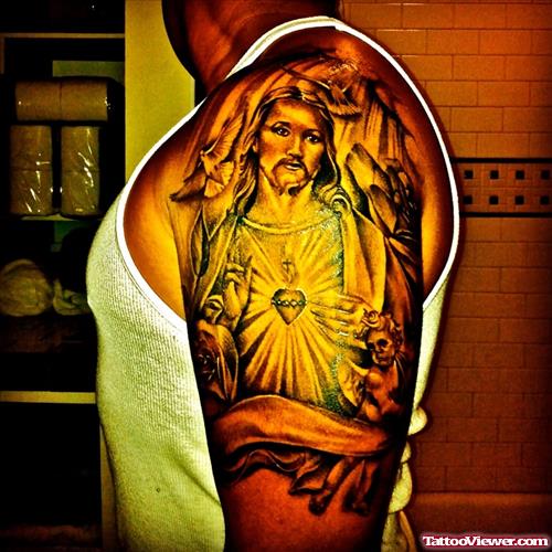 Amazing Jesus Tattoo On Man Left Half Sleeve