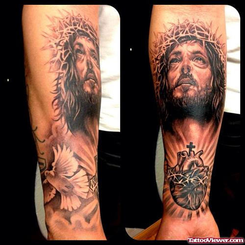 Human Heart And Jesus Head Tattoo On Sleeve